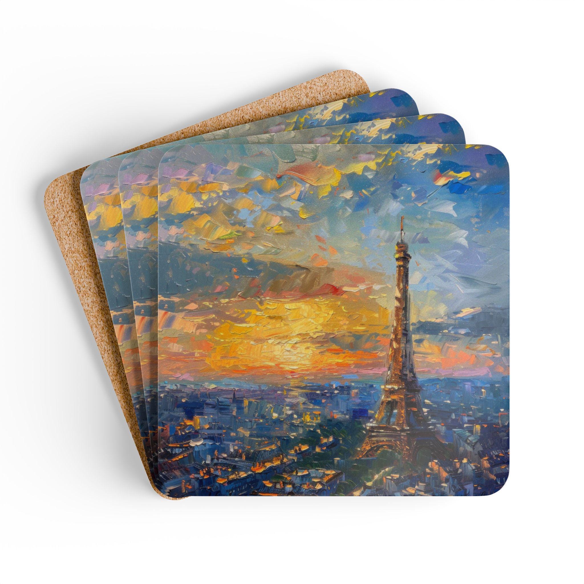 Paris Sunset Cork Coaster Set | Eiffel Tower Skyline Decor