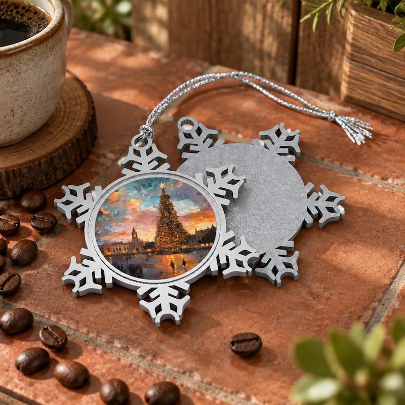 Mexico City Ornament, Zócalo Christmas Tree in a Pewter Snowflake