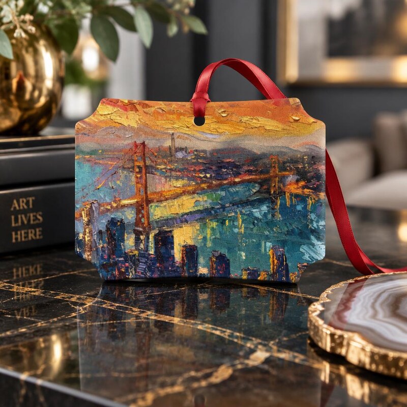San Francisco Skyline Ornament, Golden Gate Bridge at Sunset