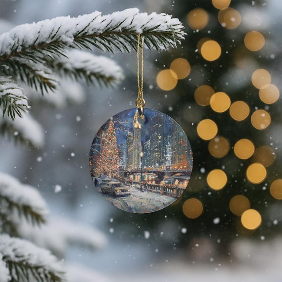 Christmas in Chicago Tree Ornament - Windy City Holiday Decoration, Winter Wonderland Cityscape Gift
