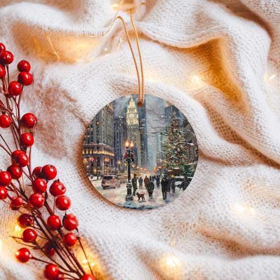 Chicago Christmas Ornament - Snowy Cityscape Holiday Decoration, Windy City Winter Streets Keepsake