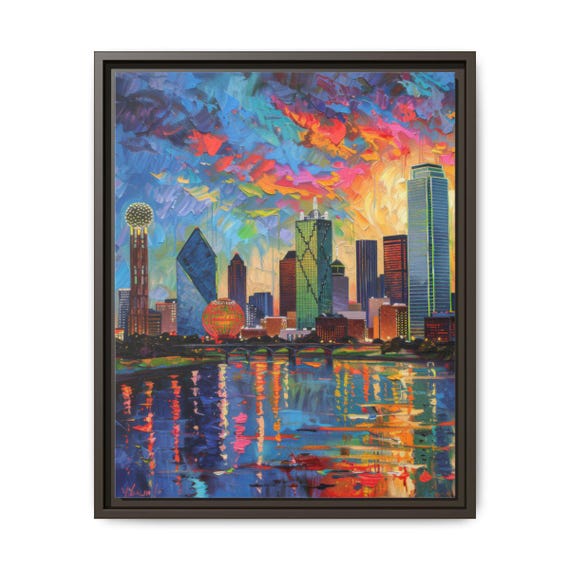 Dallas Skyline Sunset Impressionist Framed Canvas Wall Art