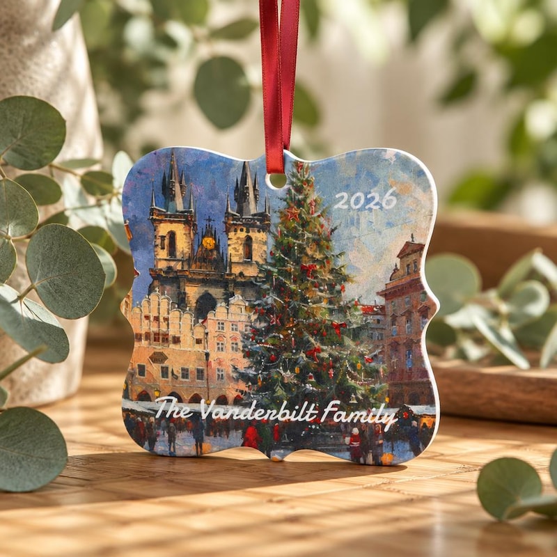 Personalized Prague Ornament - Old Town Square Winter Christmas Tree Keepsake
