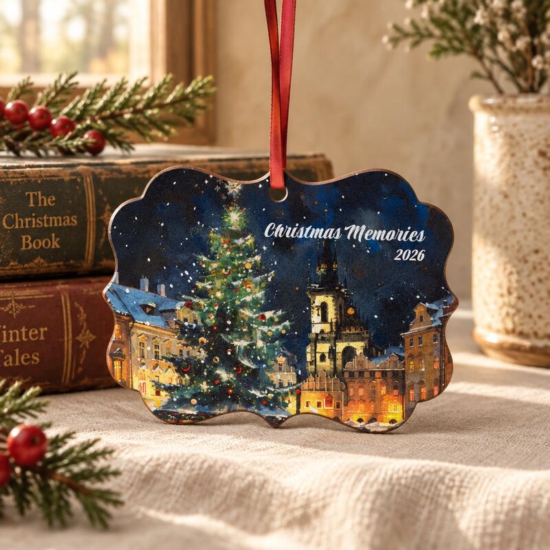 Personalized Prague Christmas Tree Ornament - Old Town Square at Night Keepsake