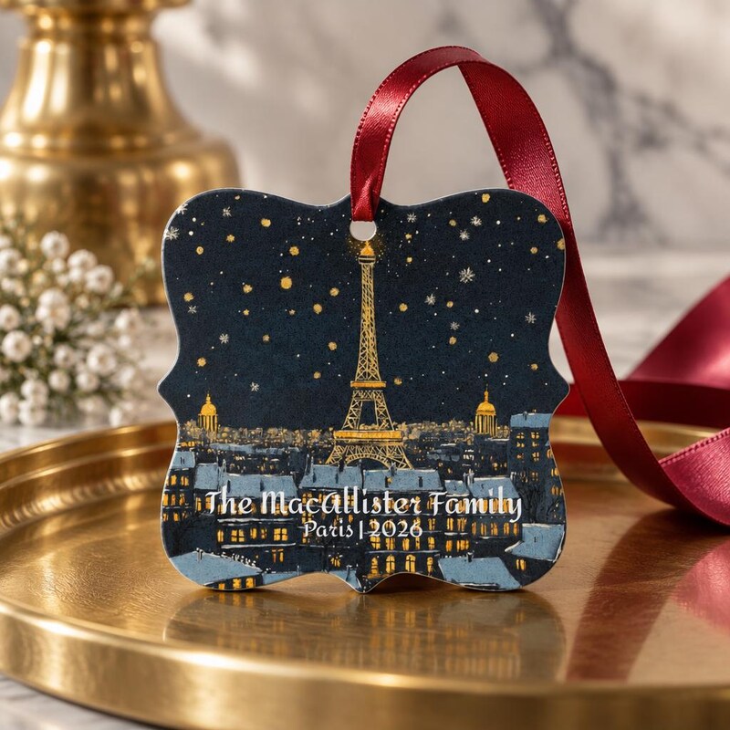 Personalized Eiffel Tower Ornament - Paris Travel Keepsake, Starlit Sky Minimalist Design