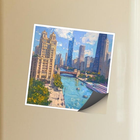 Chicago Magnet - Riverfront Skyline Art, Windy City Downtown Travel Souvenir