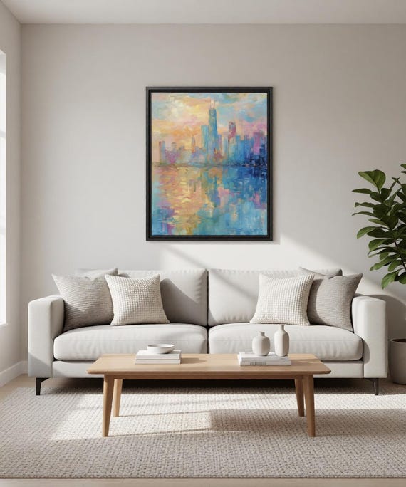 Chicago Skyline Reflections Wall Art - Framed Canvas