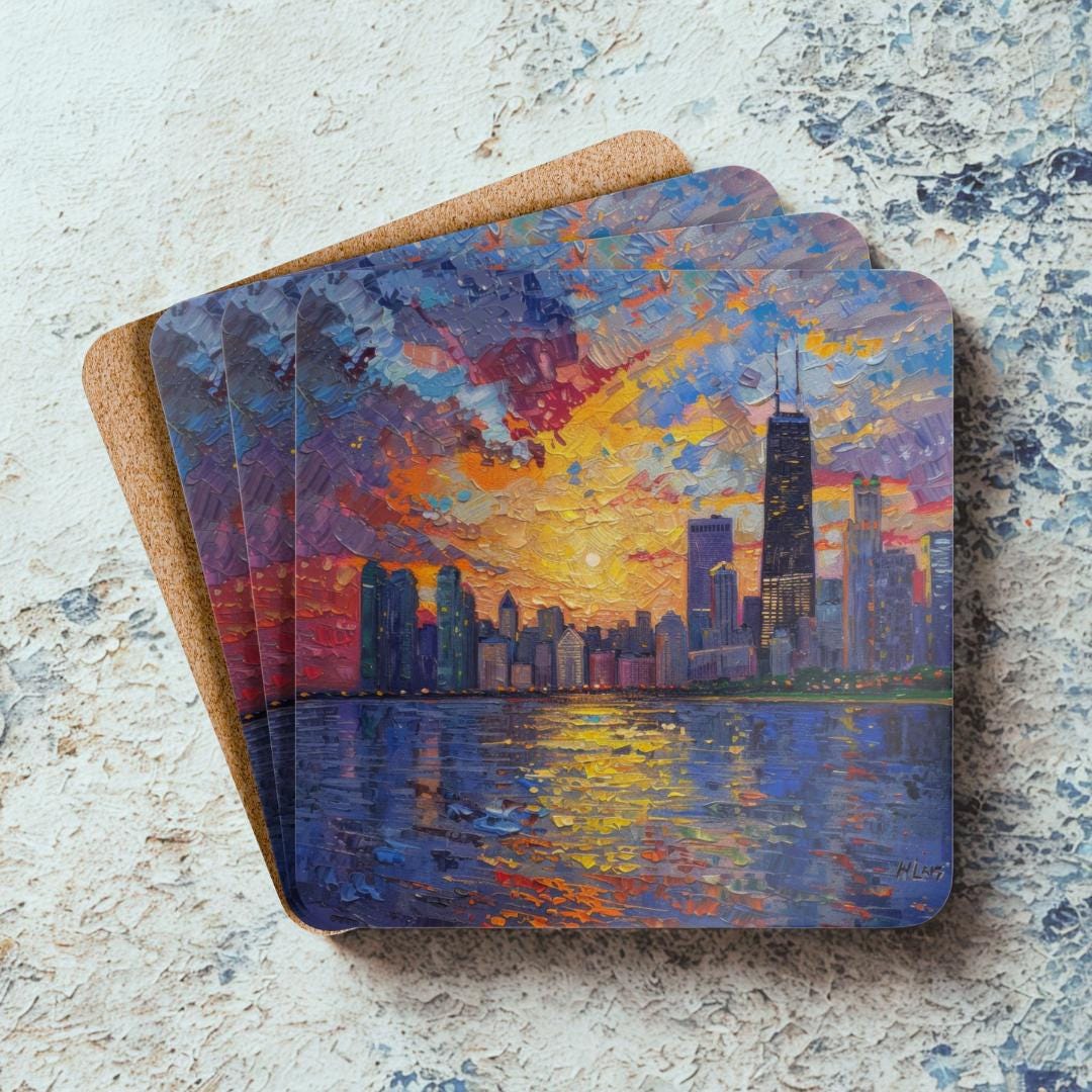 Chicago Skyline Sunset Coaster Set | Colorful Windy City Decor