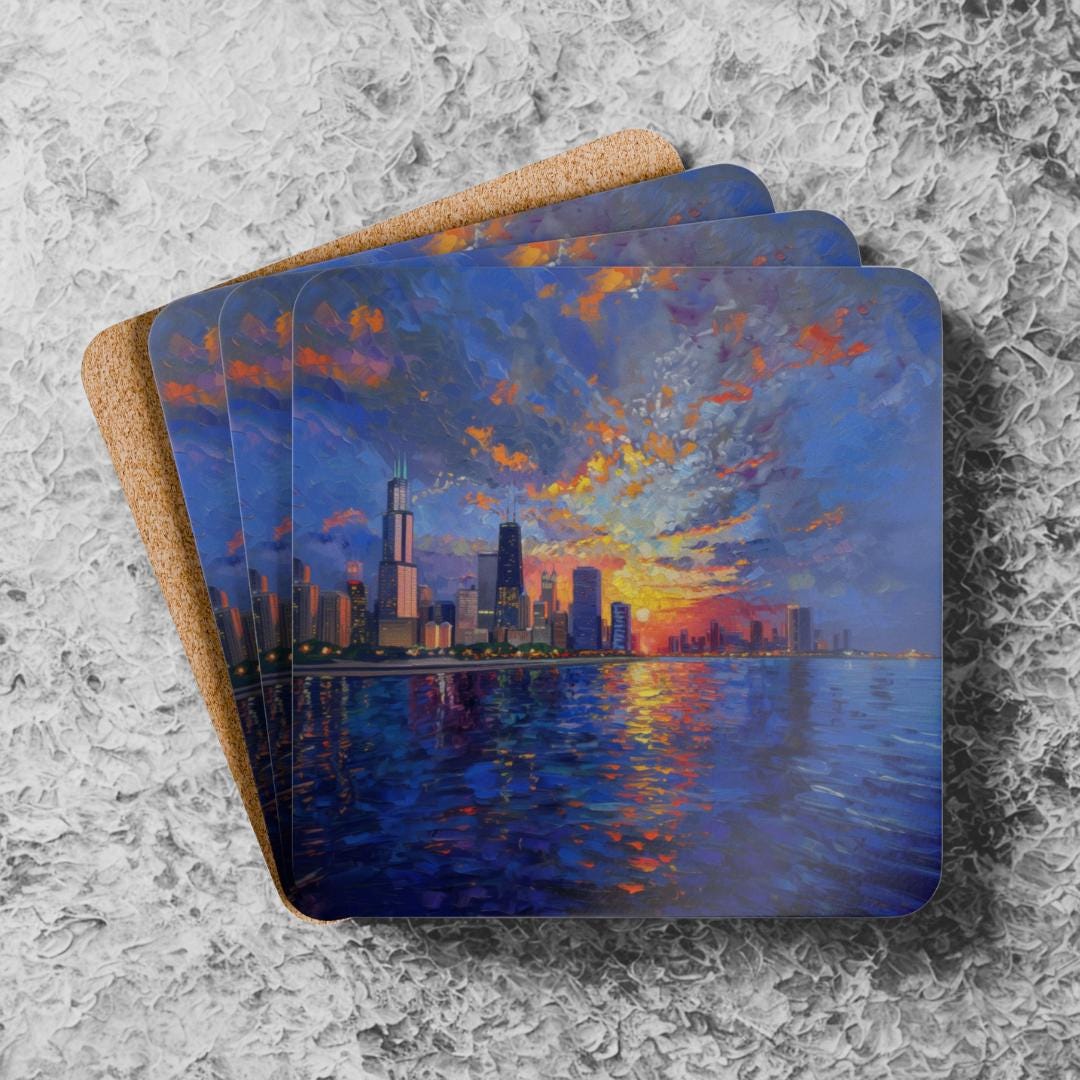 Moody Chicago Skyline Coaster Set | Lake Michigan Cityscape Coasters