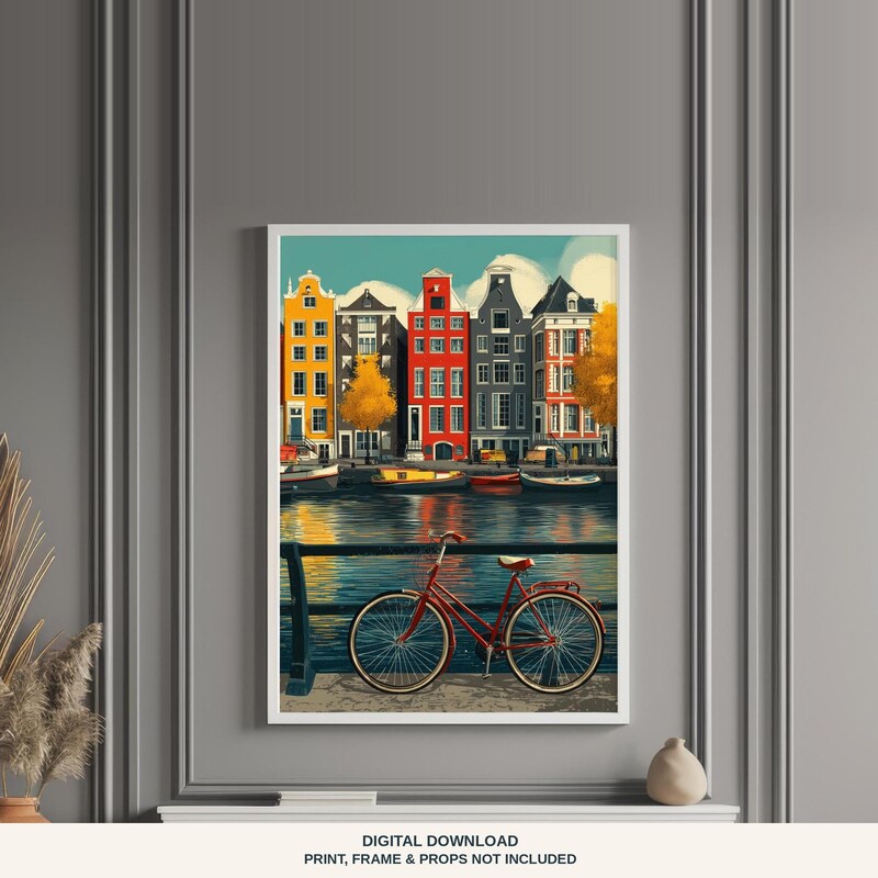 Amsterdam Red Bicycle Printable Art | Vintage Canal Travel Memory
