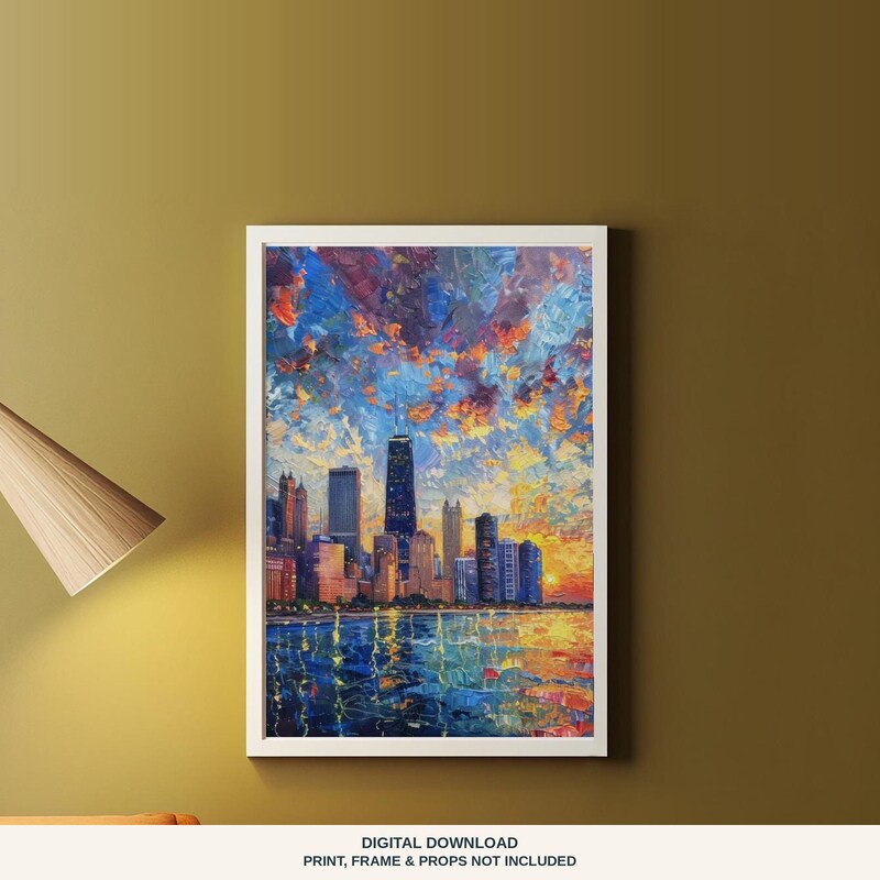 Chicago Skyline Printable Wall Art | Impressionist Sunset | First Apartment Decor