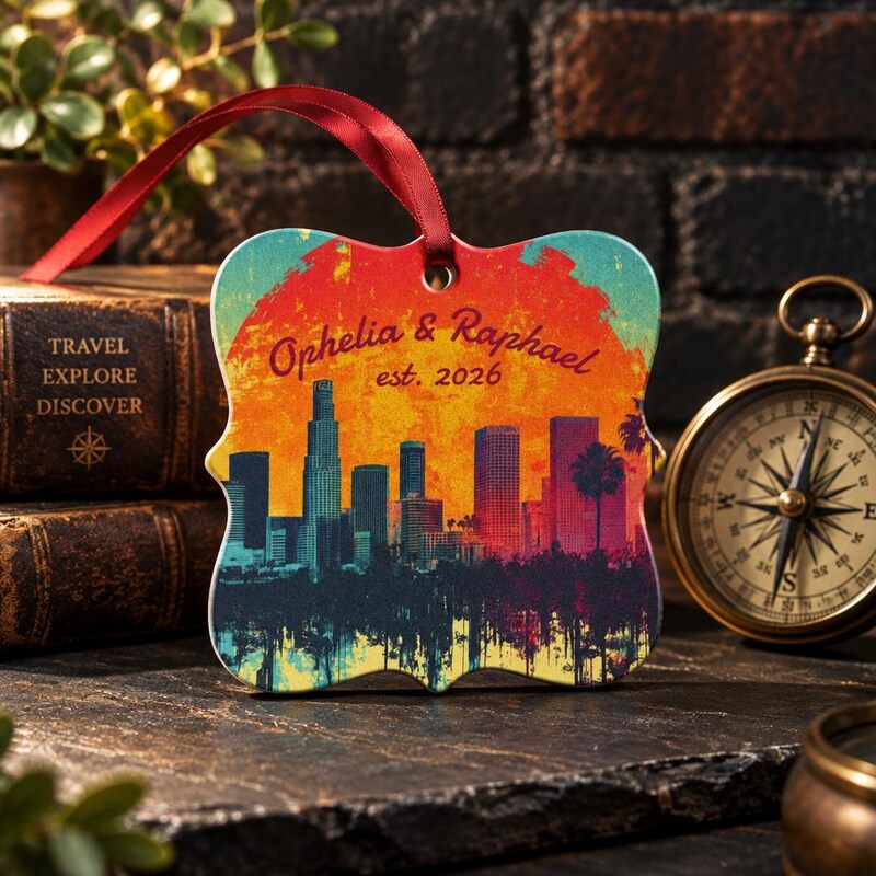 Personalized Los Angeles Pop Art Ornament, Sunset Skyline with Palm Trees