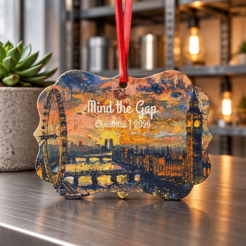 Personalized London Skyline Ornament, Big Ben and London Eye at Sunset