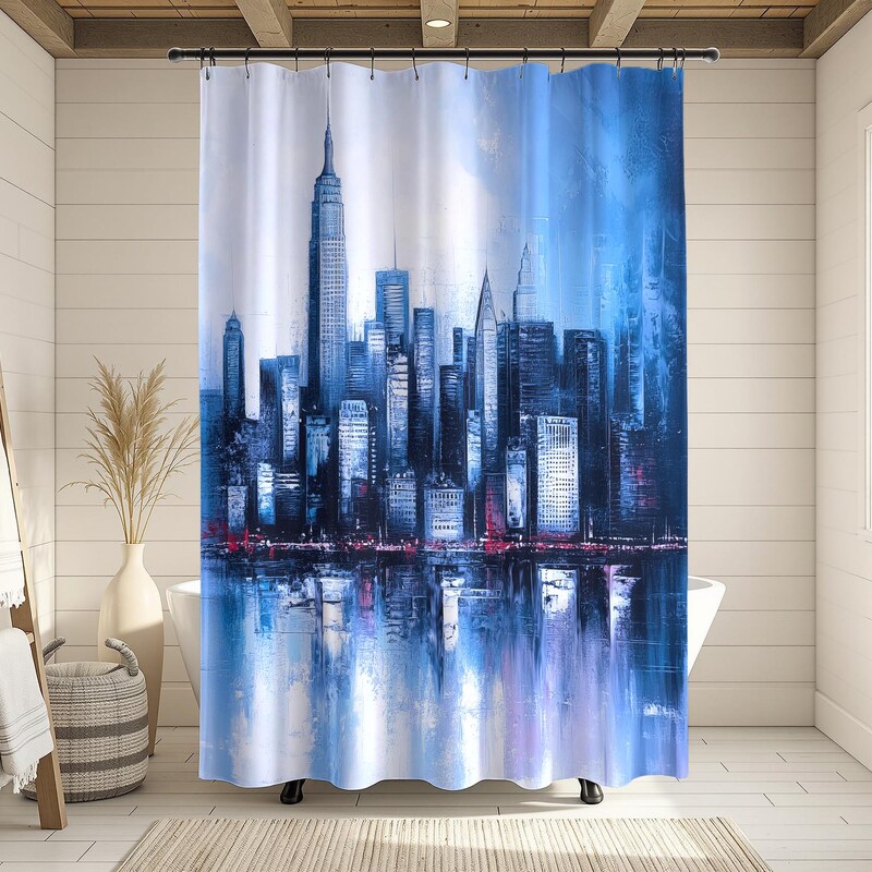 New York City Skyline Shower Curtain | Minimalist Blue Cityscape and Reflection