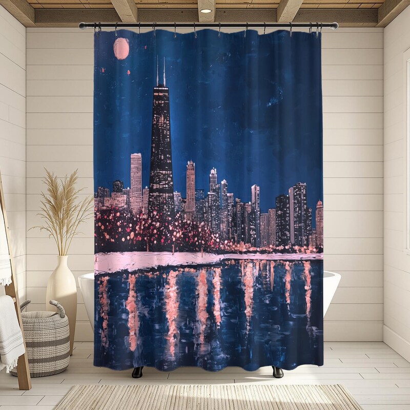 Chicago Winter Skyline Shower Curtain | Navy and Pink City Reflection