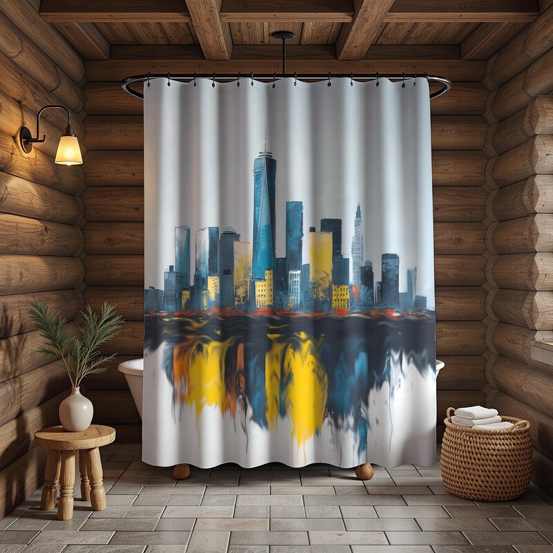 New York Skyline Shower Curtain | Teal and Yellow Abstract Reflection