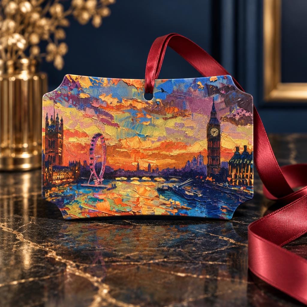 London Scalloped Ornament | Big Ben and London Eye at Sunset